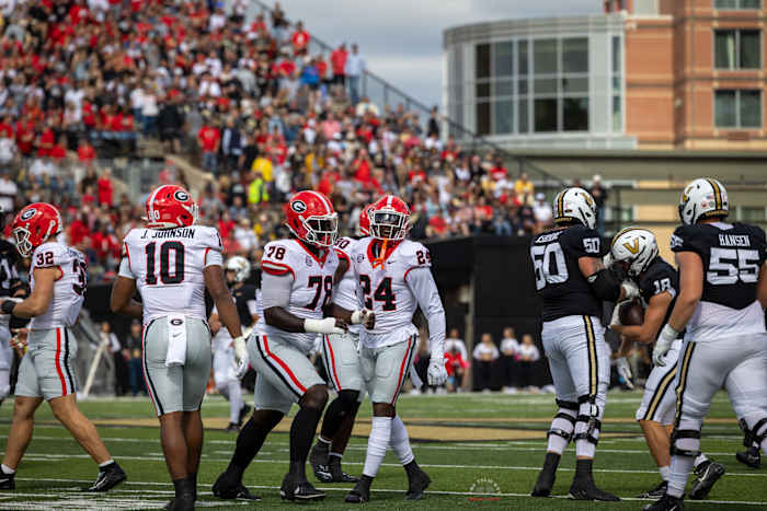#10 Jamon Dumas-Johnson, #32 Chas Chambliss, #24 Malaki Starks, and #78 Nazir Stackhouse after a play was called dead during Vanderbilt game on October 14th.